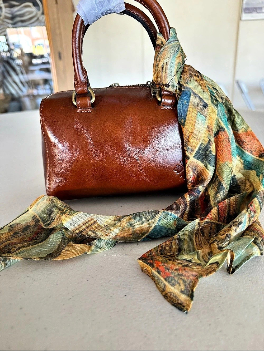 NWT Patricia Nash Leather Barrel Satchel with Vintage Map Scarf - Cognac Brown